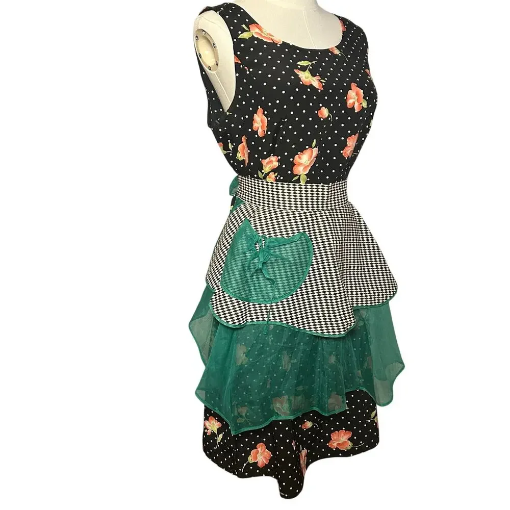 VTG 1950s Harlequin Organza Hostess Apron Green Sheer Ruffle Miu Miu Style OS